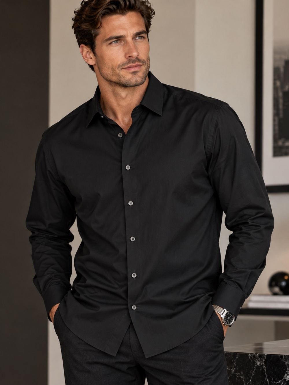 NWT Theory Men's Black Long Sleeve Button-Down Dress Shirt Size XL / XXL